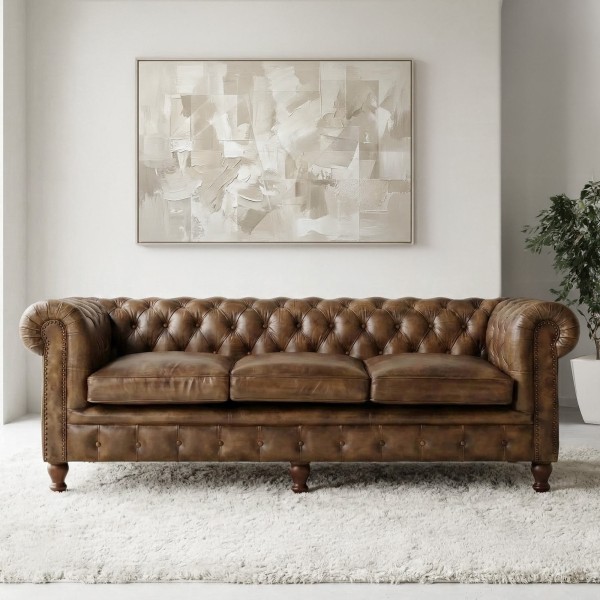 Canapé Chesterfield en cuir véritable brun vieilli 3 places - Edward