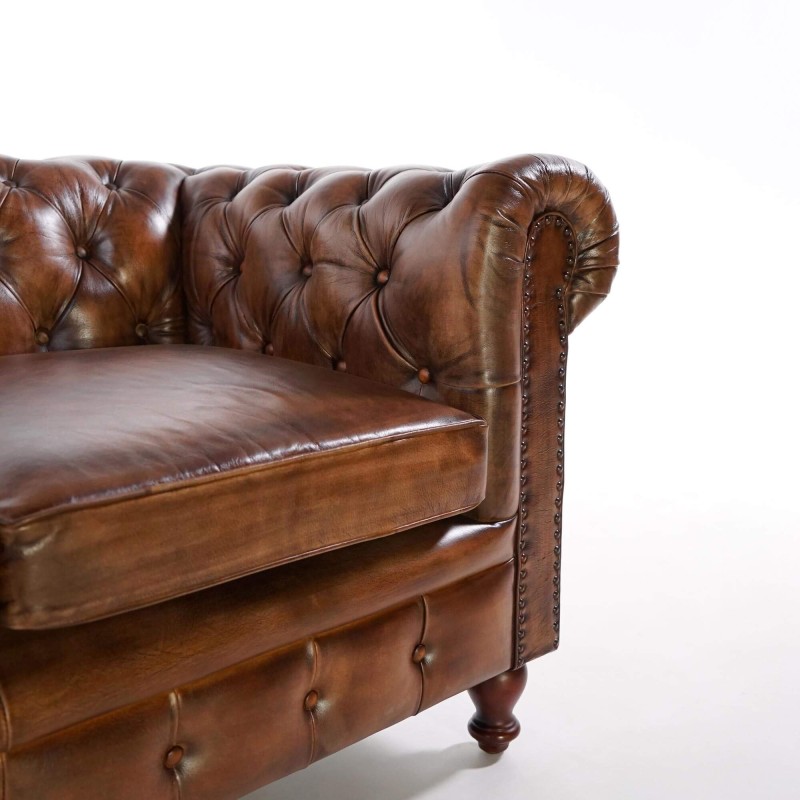 Canapé Chesterfield en cuir véritable marron 3 places - Edward