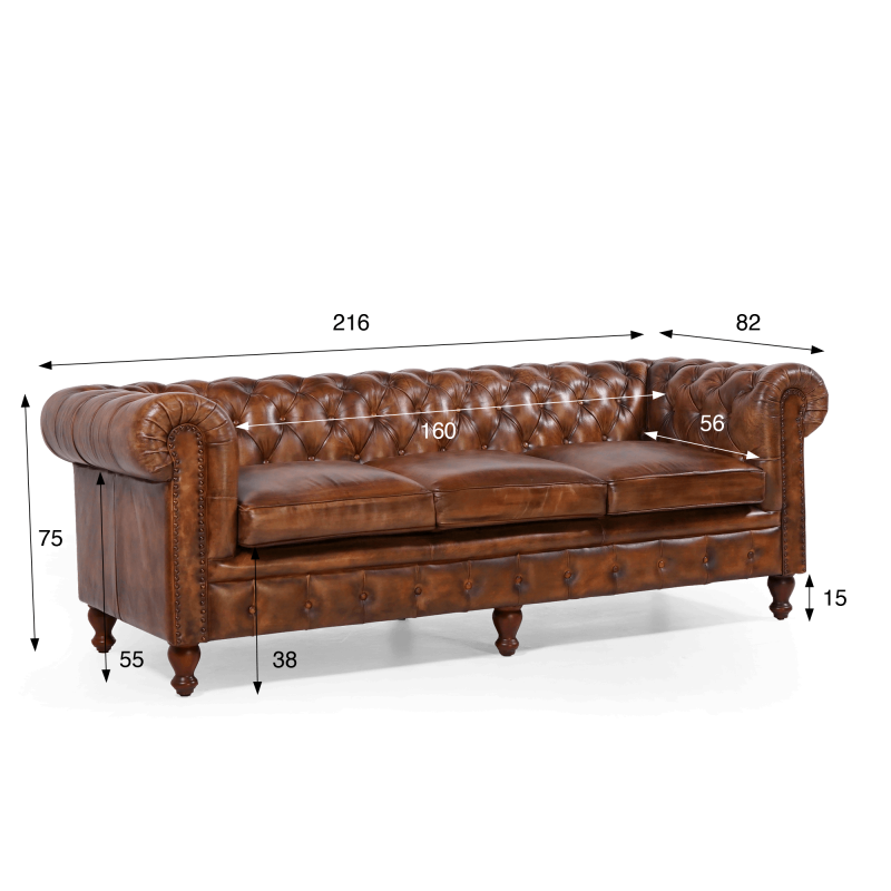 Canapé Chesterfield en cuir véritable marron 3 places - Edward