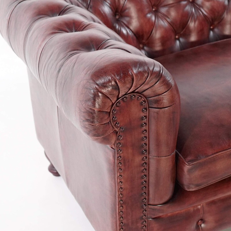 Canapé Chesterfield en cuir véritable bordeaux 2 places - Edward