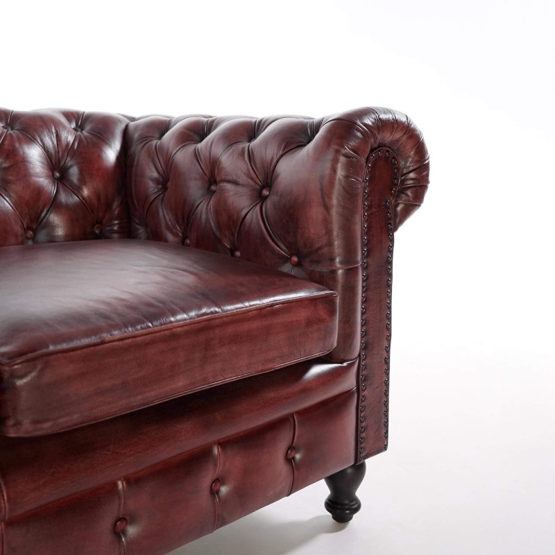Canapé Chesterfield en cuir véritable bordeaux 2 places - Edward