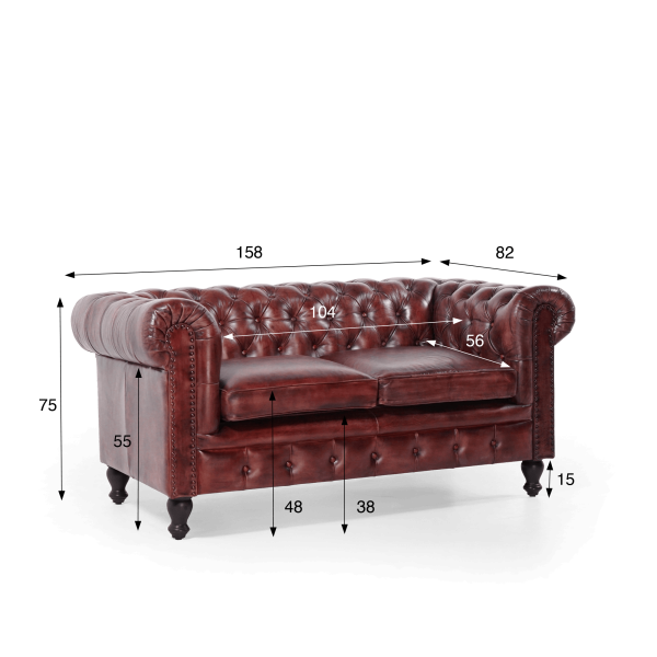 Canapé Chesterfield en cuir véritable bordeaux 2 places - Edward