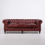 Canapé Chesterfield en cuir véritable bordeaux 3 places - Edward