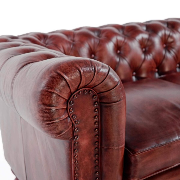 Canapé Chesterfield en cuir véritable bordeaux 3 places - Edward