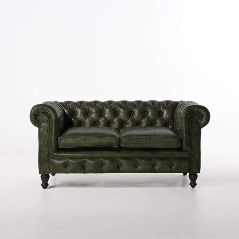 Canapé Chesterfield en cuir véritable vert 2 places - Edward