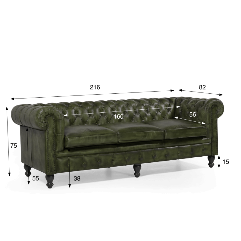 Canapé Chesterfield en cuir véritable vert 3 places - Edward