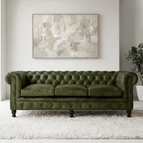 Canapé Chesterfield en cuir véritable vert 3 places - Edward