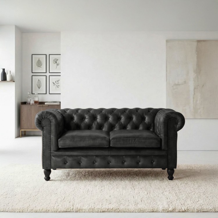 Canapé Chesterfield en cuir véritable noir 2 places - Edward