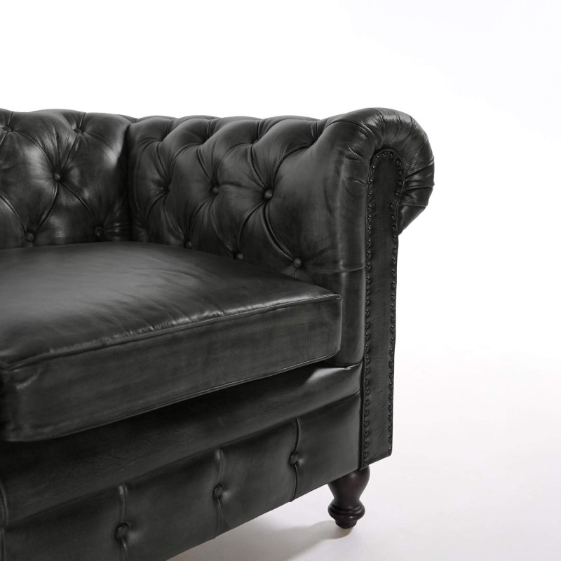 Canapé Chesterfield en cuir véritable noir 2 places - Edward