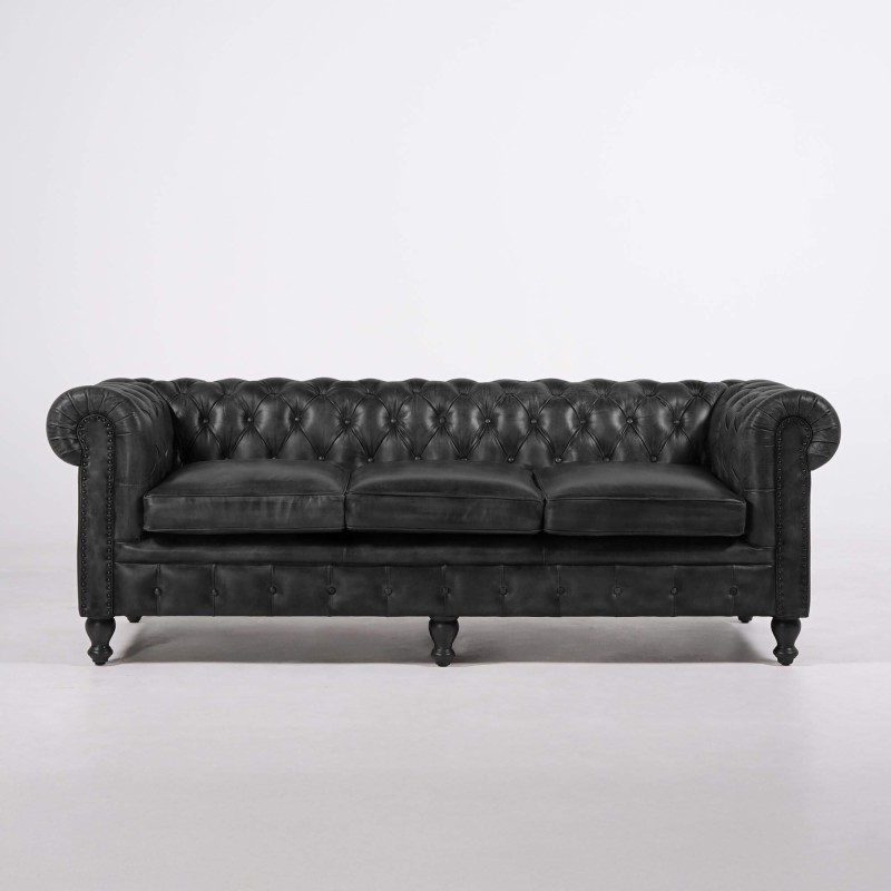 Canapé Chesterfield en cuir véritable noir 3 places - Edward