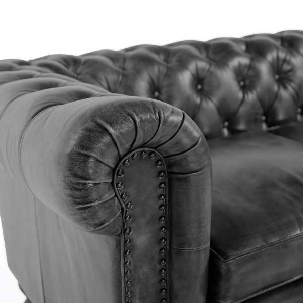 Canapé Chesterfield en cuir véritable noir 3 places - Edward