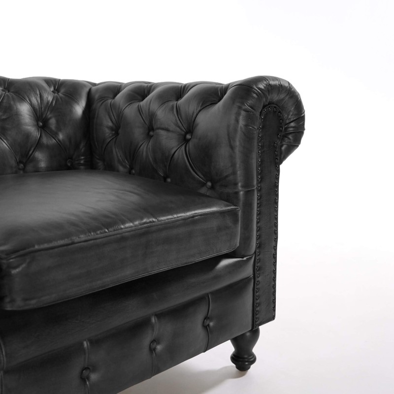 Canapé Chesterfield en cuir véritable noir 3 places - Edward
