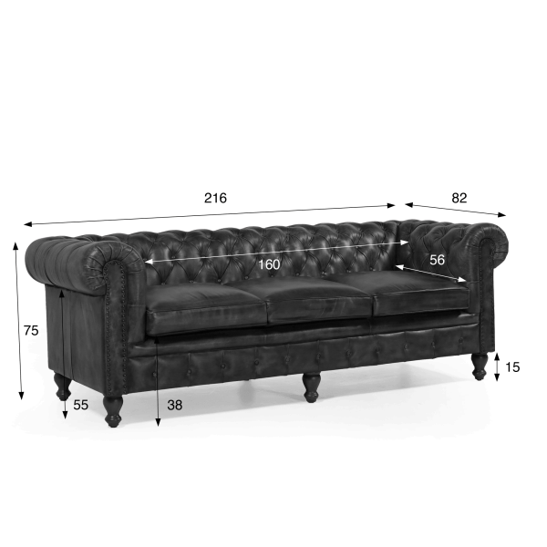 Canapé Chesterfield en cuir véritable noir 3 places - Edward