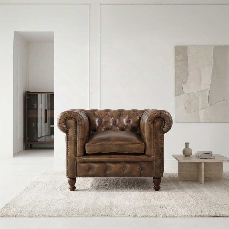 Fauteuil Chesterfield en cuir véritable - Edward