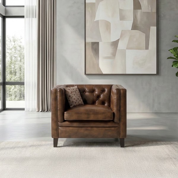 Fauteuil en cuir de buffle brun Chesterfield - Charles