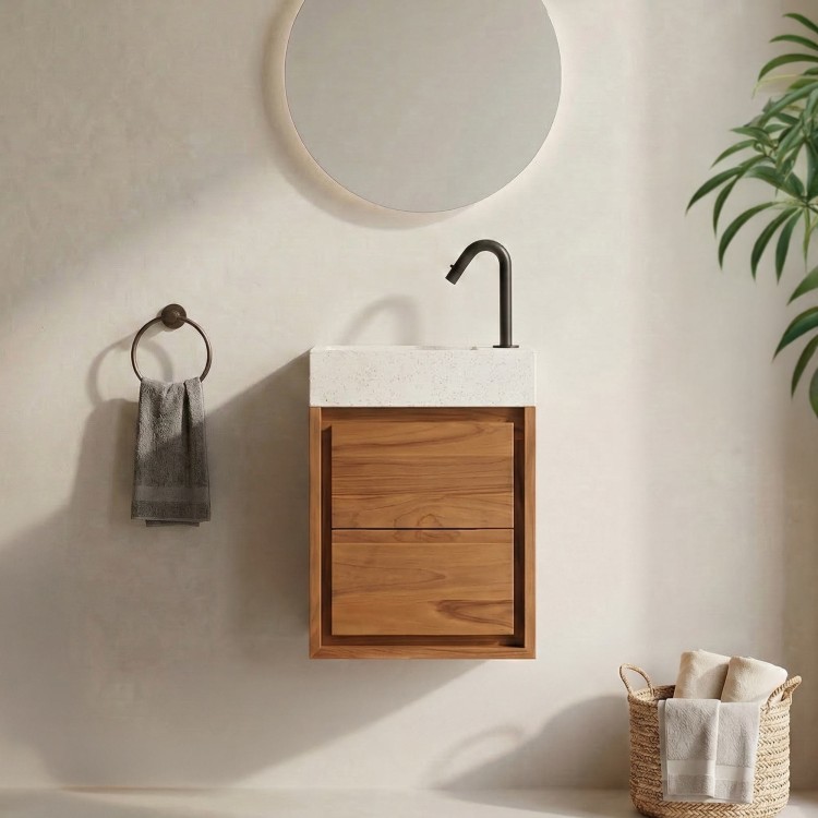 Meuble lave-mains suspendu en bois de teck massif et vasque en terrazzo blanc - Tanvi