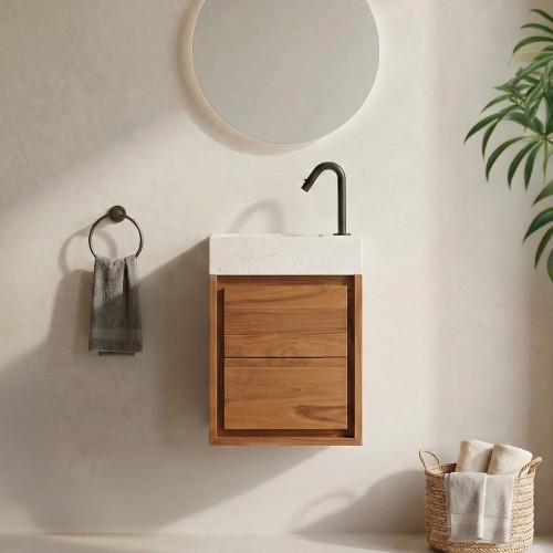 Meuble lave-mains suspendu en bois de teck massif et vasque en terrazzo blanc - Tanvi