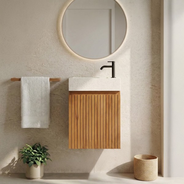 Meuble lave-mains suspendu en bois de teck massif et vasque en terrazzo blanc - Trishna