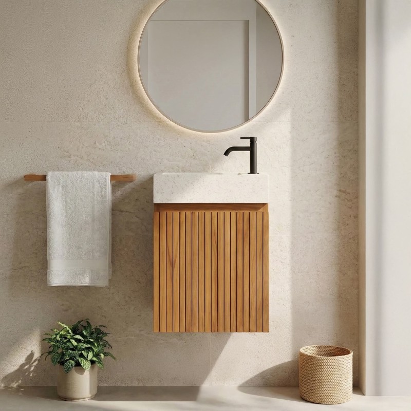 Meuble lave-mains suspendu en bois de teck massif et vasque en terrazzo blanc - Trishna