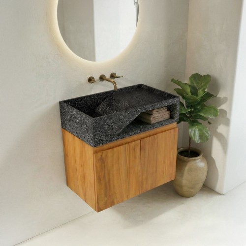 Meuble lave-mains suspendu en bois de teck massif et vasque en terrazzo noir - Tanja