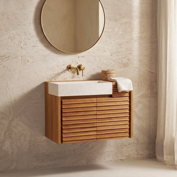 Meuble lave-mains suspendu en bois de teck massif et vasque en terrazzo blanc - Trilochana