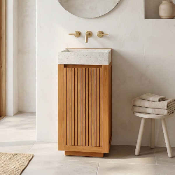 Meuble lave-mains en bois de teck massif et vasque en terrazzo blanc - Kali