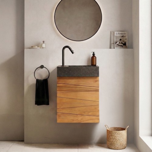 Meuble lave-mains suspendu en bois de teck massif et vasque en terrazzo noir - Rehana