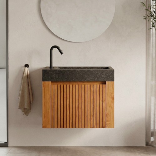 Meuble lave-mains suspendu en bois de teck massif et vasque en terrazzo noir - Nila