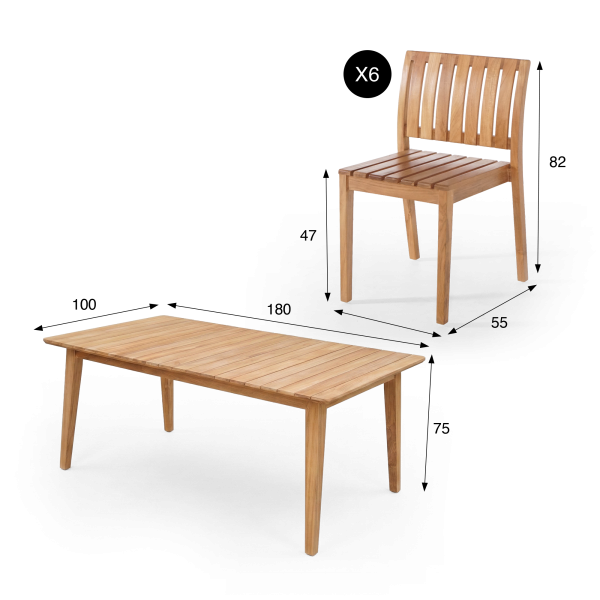 Ensemble table et chaises de jardin en bois de teck 6 personnes
