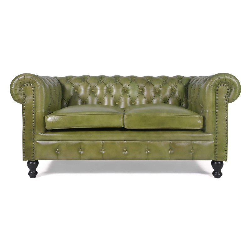Canapé Chesterfield en cuir véritable vert 2 places - Edward