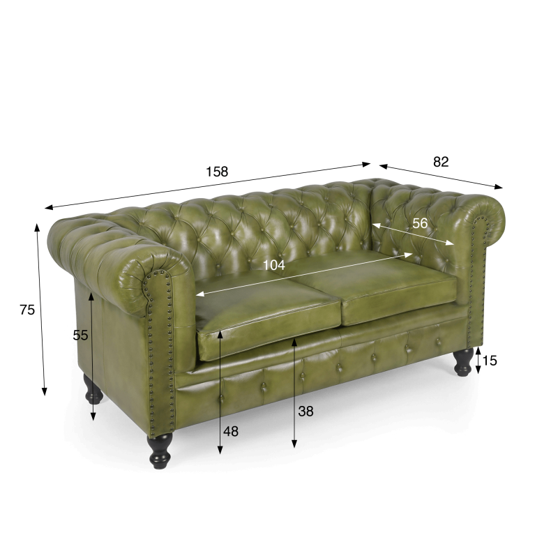 Canapé Chesterfield en cuir véritable vert 2 places - Edward