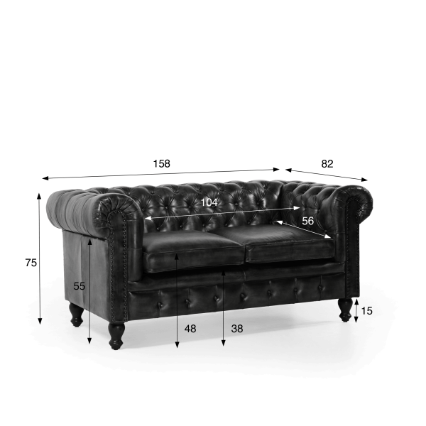 Canapé Chesterfield en cuir véritable noir 2 places - Edward