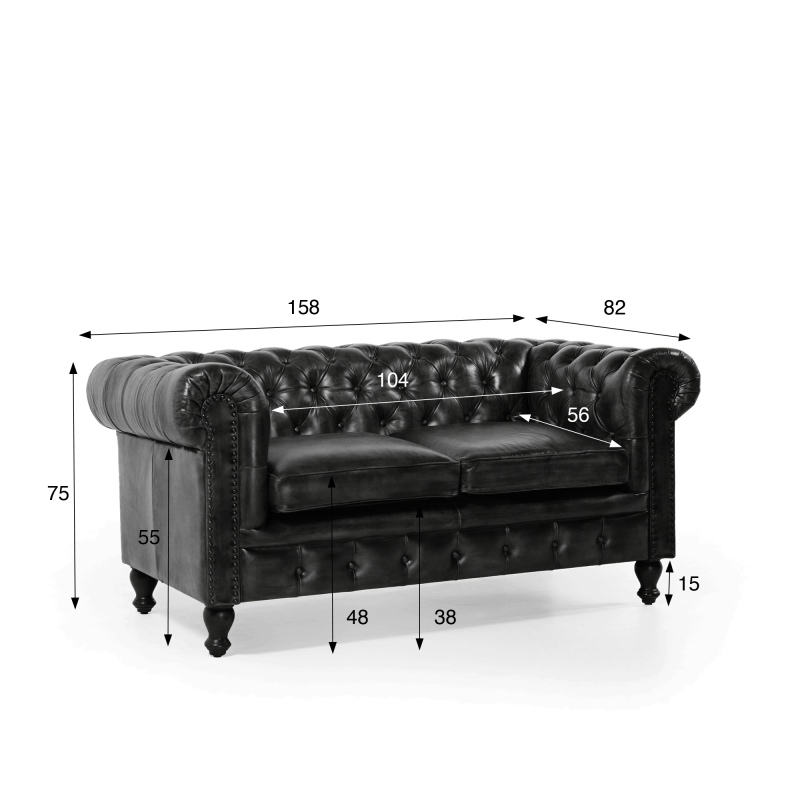 Canapé Chesterfield en cuir véritable noir 2 places - Edward