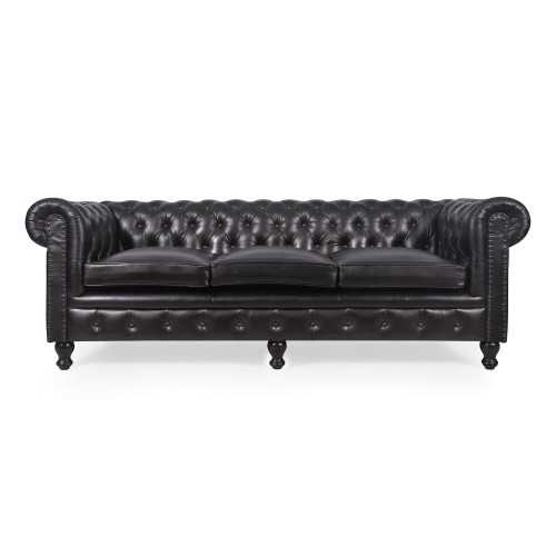 Canapé Chesterfield en cuir véritable noir 3 places - Edward