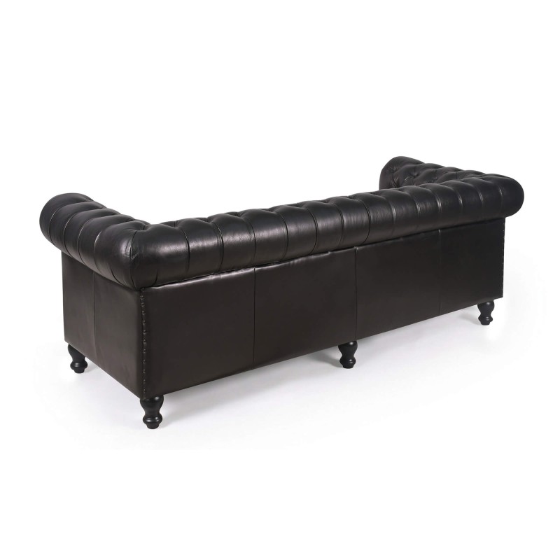 Canapé Chesterfield en cuir véritable noir 3 places - Edward