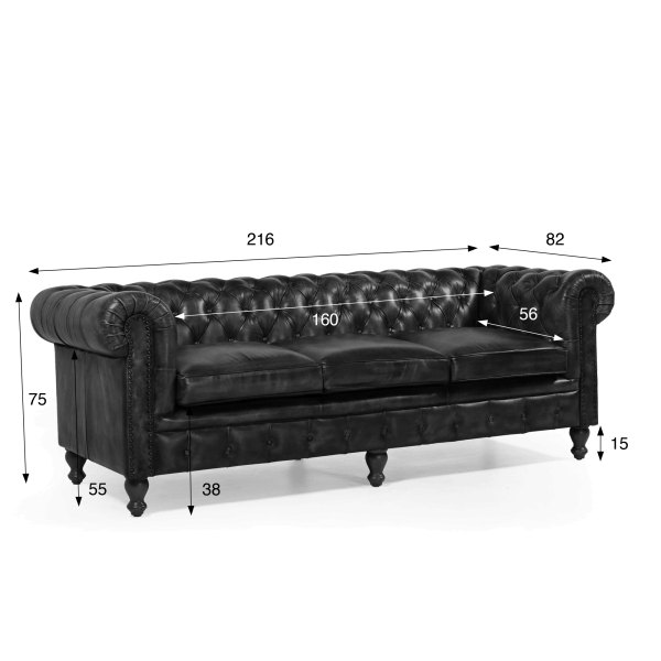 Canapé Chesterfield en cuir véritable noir 3 places - Edward