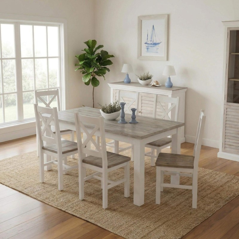 Table à manger blanche en bois massif 180 cm - Sea side