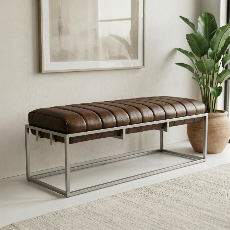 Banc d'entrée vintage en cuir véritable et métal - Norton