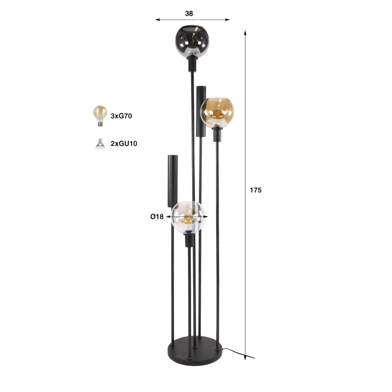 Lampadaire de salon avec abat-jour en verre et métal noir - Sfera