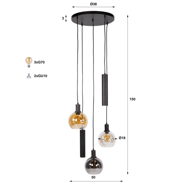 Lampe en suspension avec abat-jour en verre et métal noir - Sfera