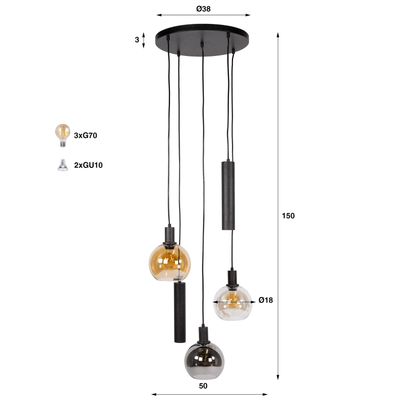 Lampe en suspension avec abat-jour en verre et métal noir - Sfera