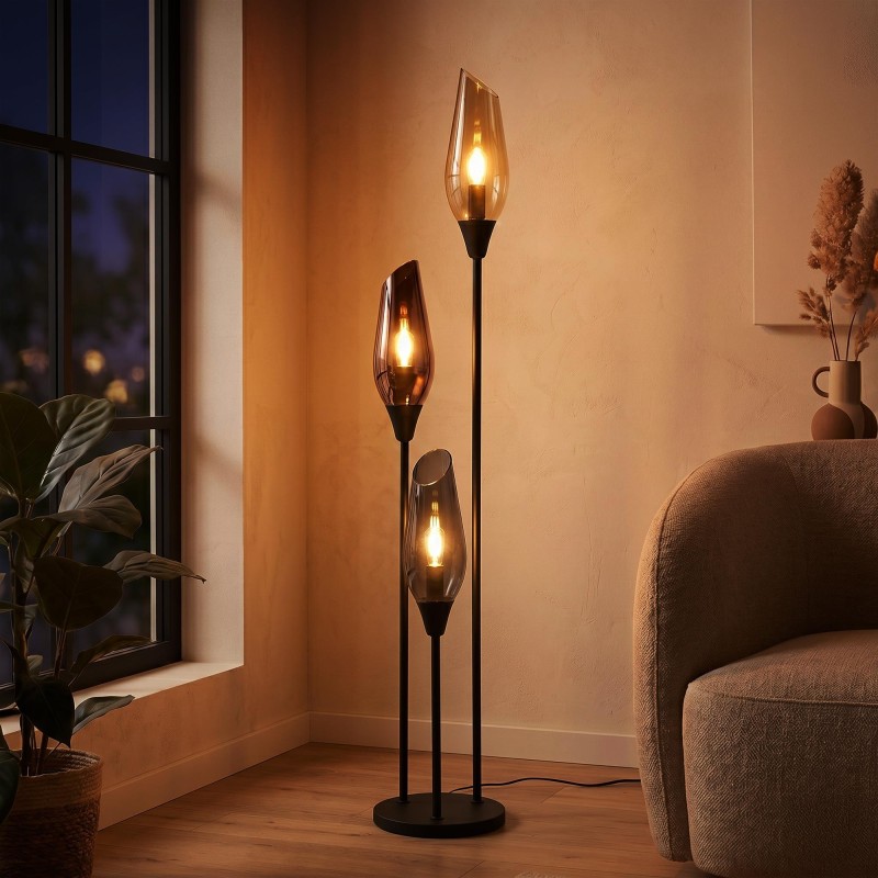 Lampadaire design en métal noir avec abat-jour en verre ambré - Barton