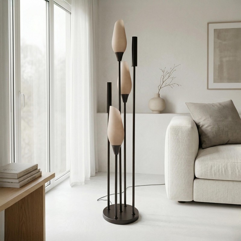 Lampadaire design en métal brun et abat-jour en verre opalin - Barton