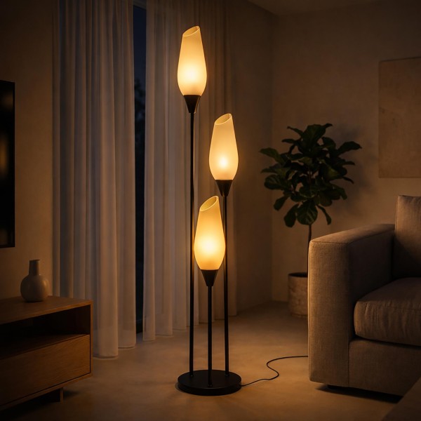 Lampadaire à poser en métal brun avec abat-jour en verre opalin - Barton