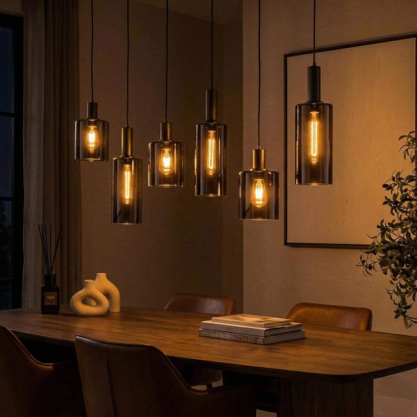 Luminaire en suspension en métal brun et verre fumé - Zenton