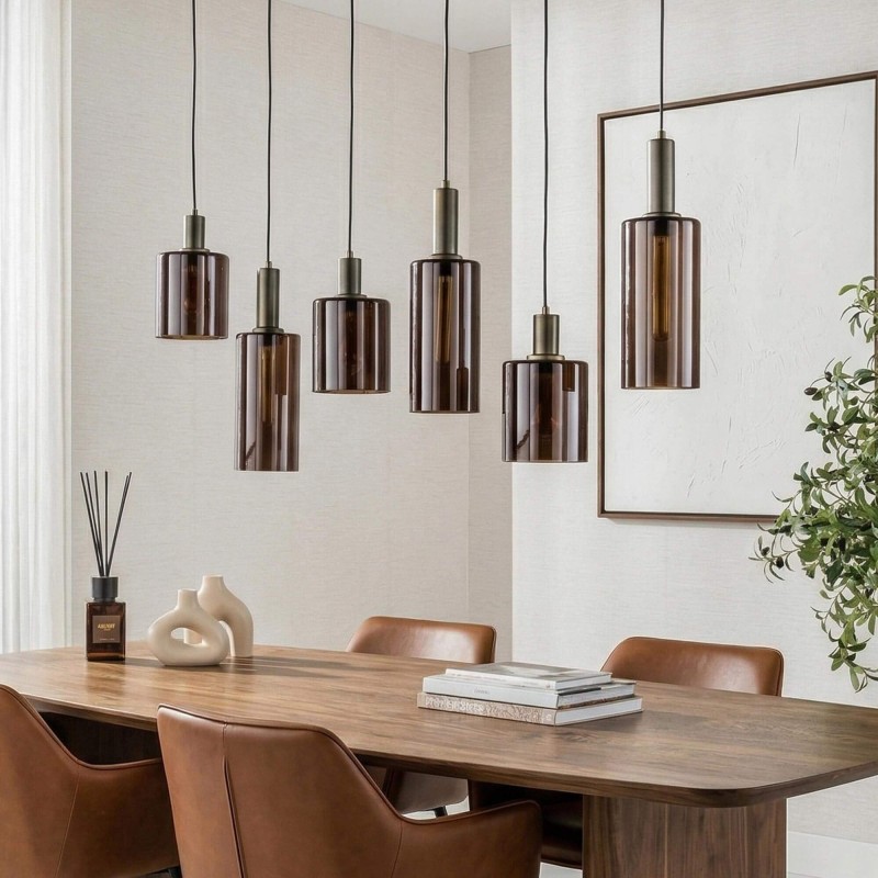 Luminaire en suspension en métal brun et verre fumé - Zenton