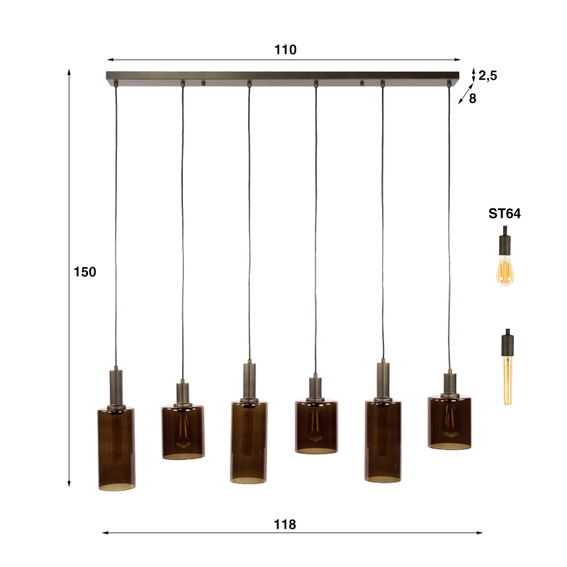 Luminaire en suspension en métal brun et verre fumé - Zenton