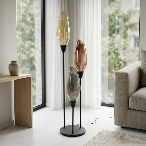 Lampadaire design en métal noir avec abat-jour en verre ambré XL - Barton