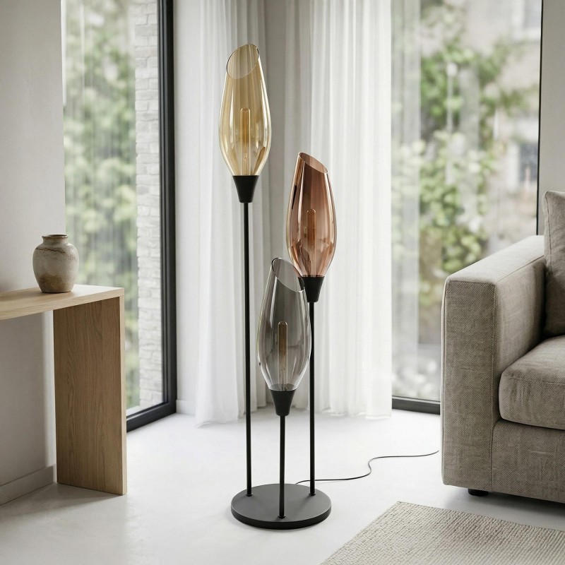 Lampadaire design en métal noir avec abat-jour en verre ambré XL - Barton