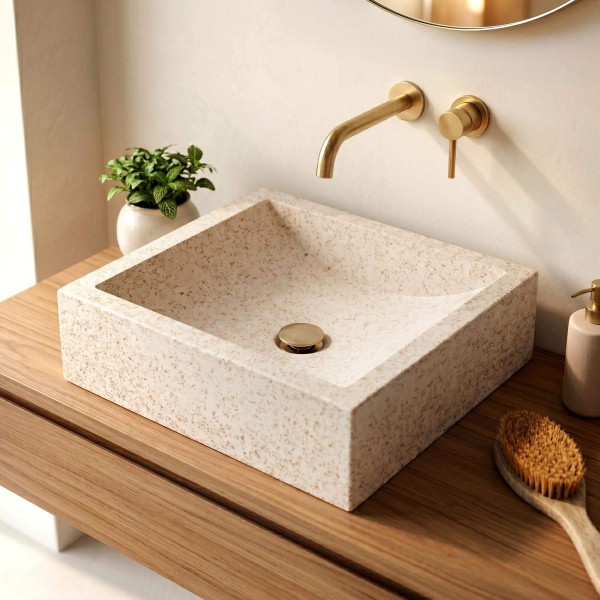 Vasque rectangulaire en terrazzo blanc 45 cm x 40 cm - Mayuri